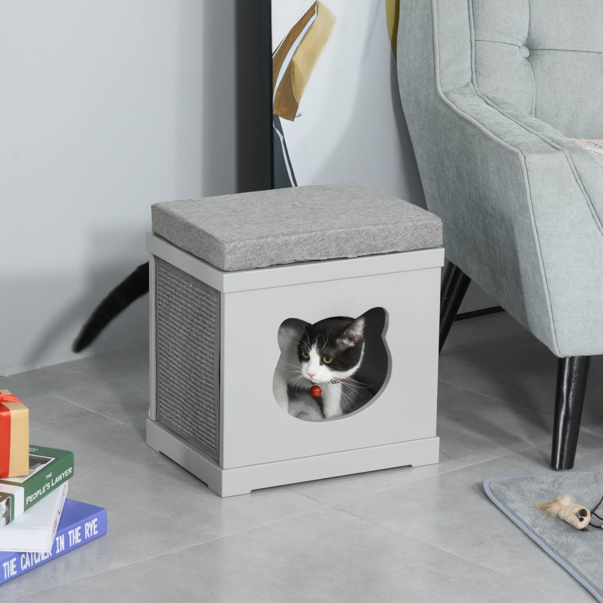 cortex-london-york-grey-cat-house-bed-kitten-cave-cube-with-soft-cushion-sisal-scratching-pads
