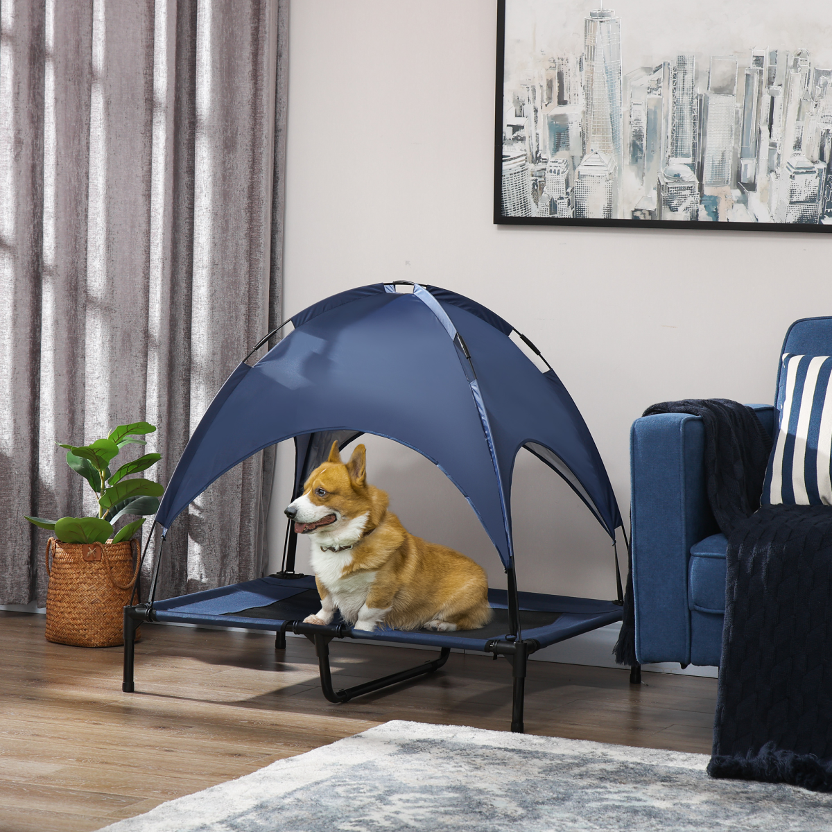 cortex-london-york-elevated-dog-bed-gazebo-blue-canopy