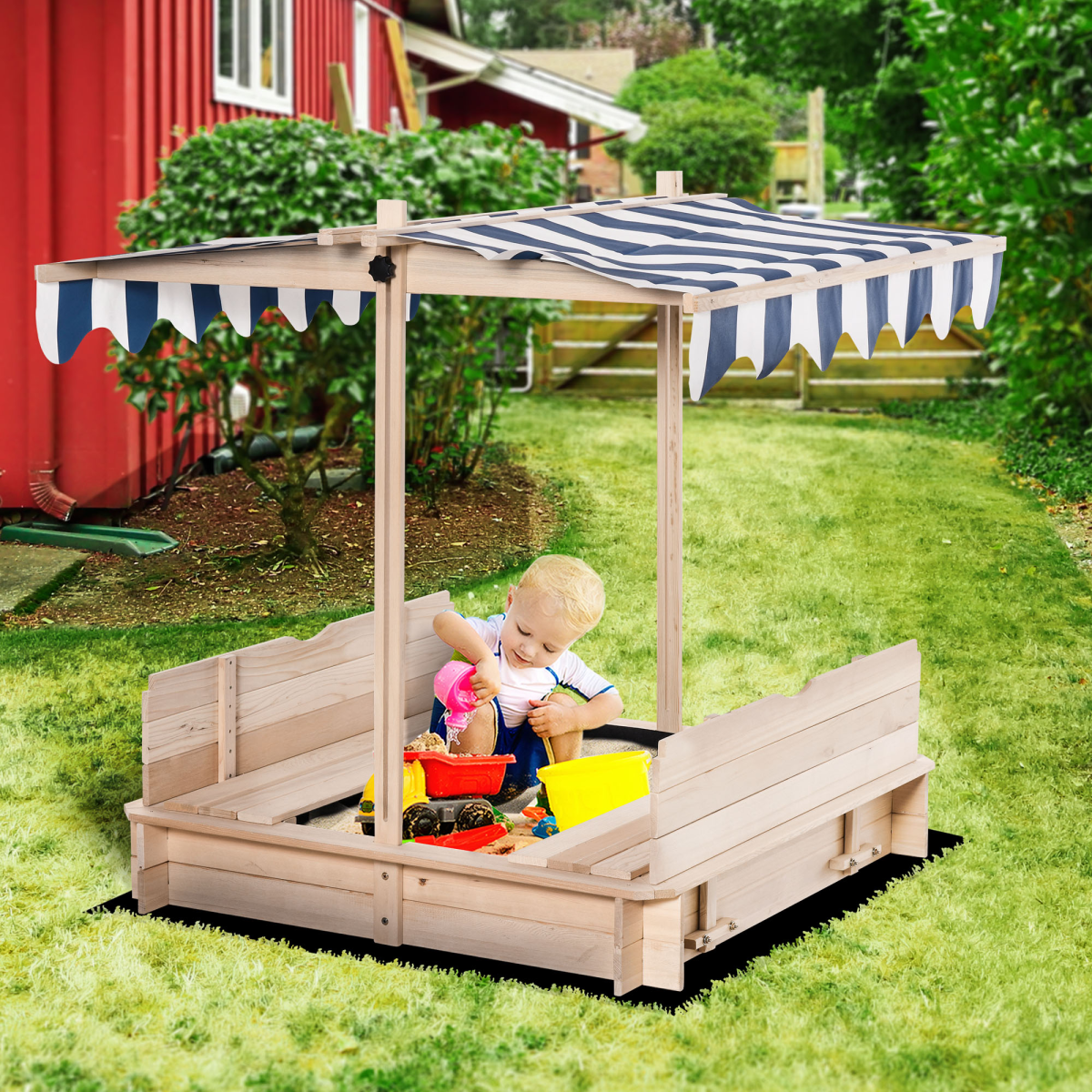Kids Square Wooden Sandpit Children Cabana Sandbox Outdoor Playset