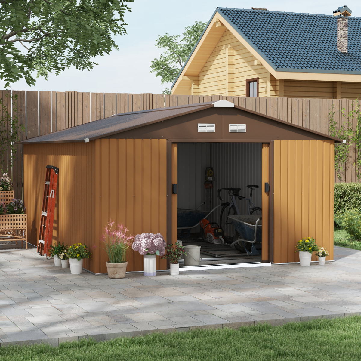 cortex-london-windsor-13ft-11ft-light-brown-metal-storage-shed-with-foundation