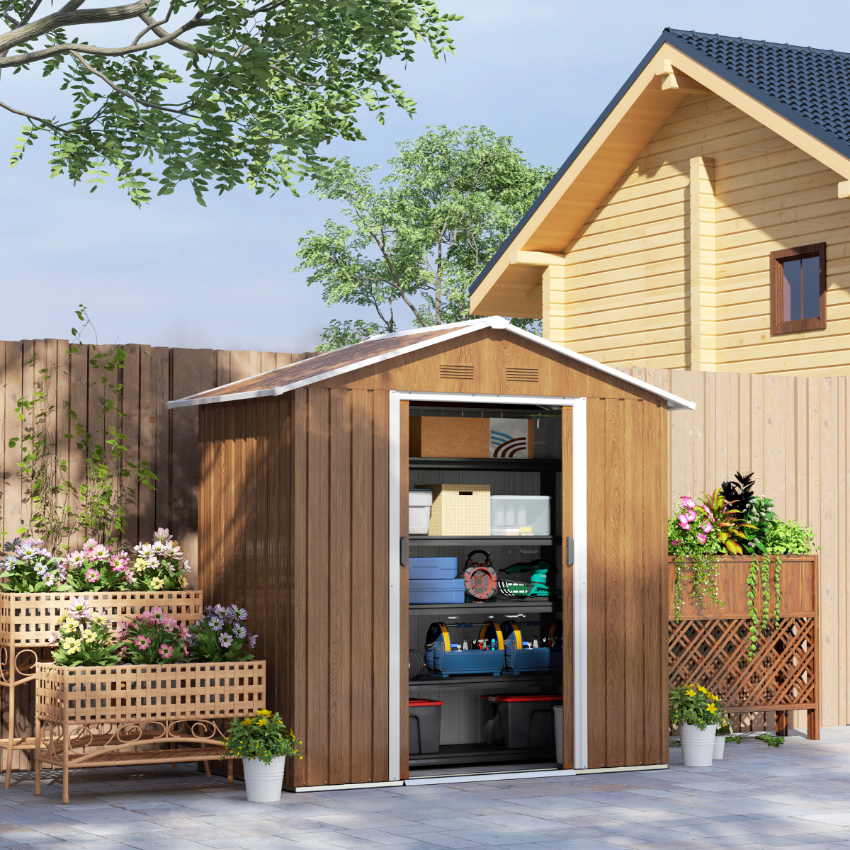 cortex-london-york-metal-garden-shed-brown-wood-effect