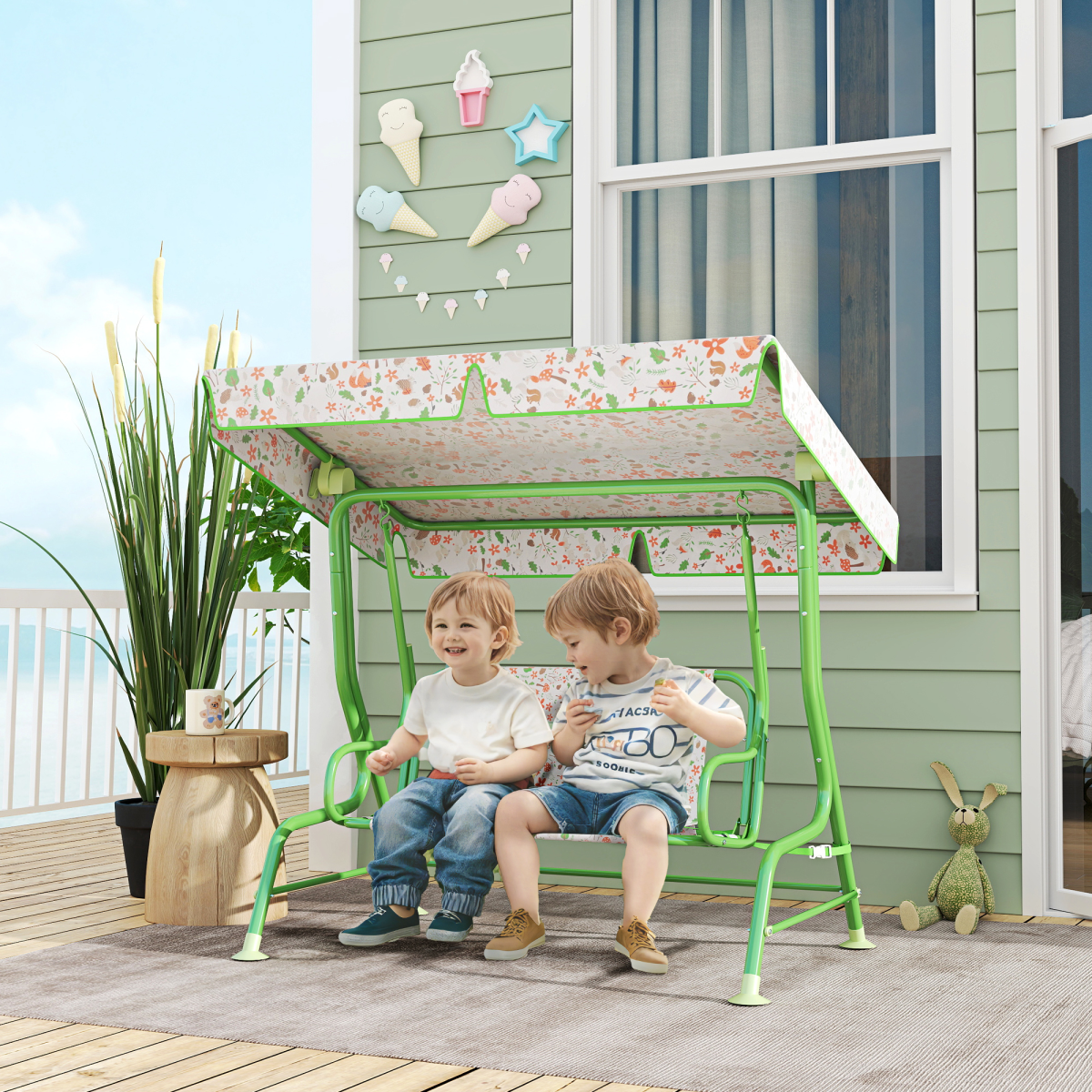cortex-london-windsor-fox-kids-garden-swing-seat-green-adjustable-canopy