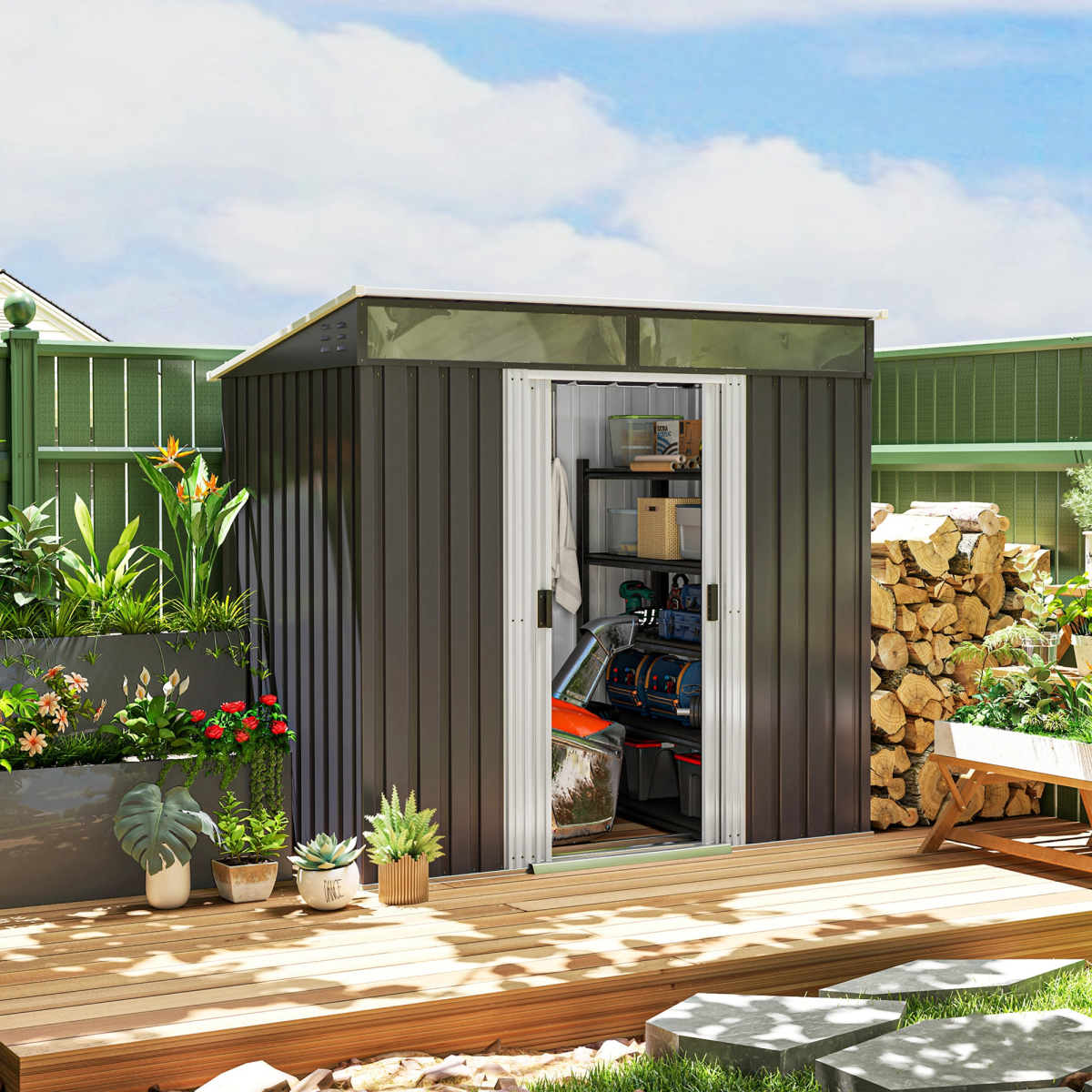 Outsunny 6.5x4FT Garden Shed with Foundation Lockable Metal Tool Shed Grey