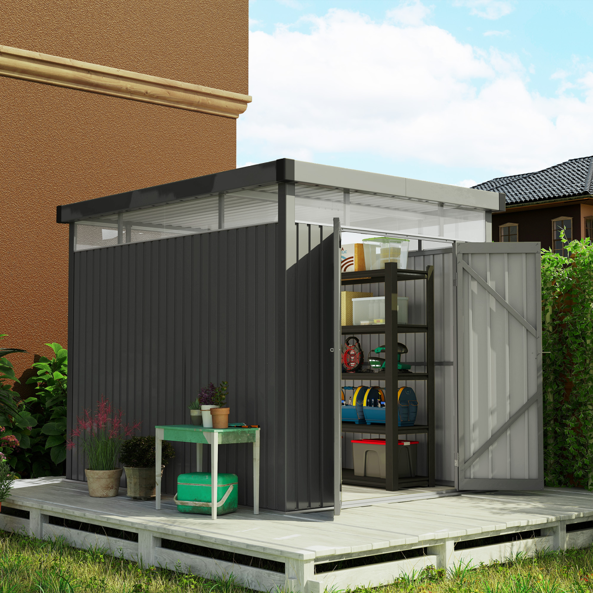 cortex-london-windsor-outsunny-galvanised-steel-garden-shed-with-acrylic-roof-windows-dark-grey