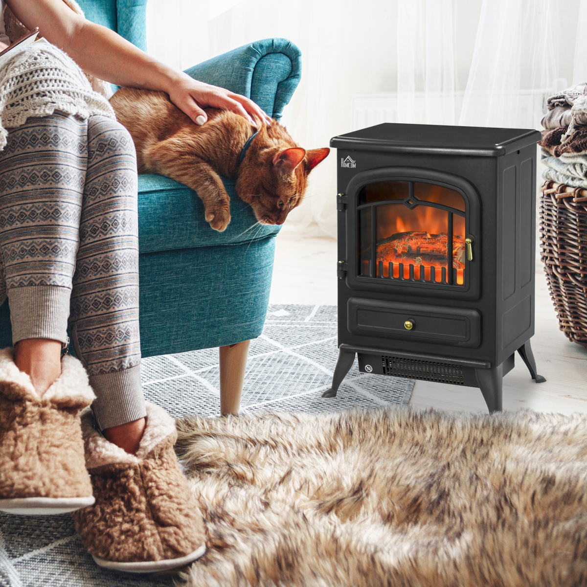 Electric Fire Place 1850W Heater Wood Burning Effect Flame Portable Black