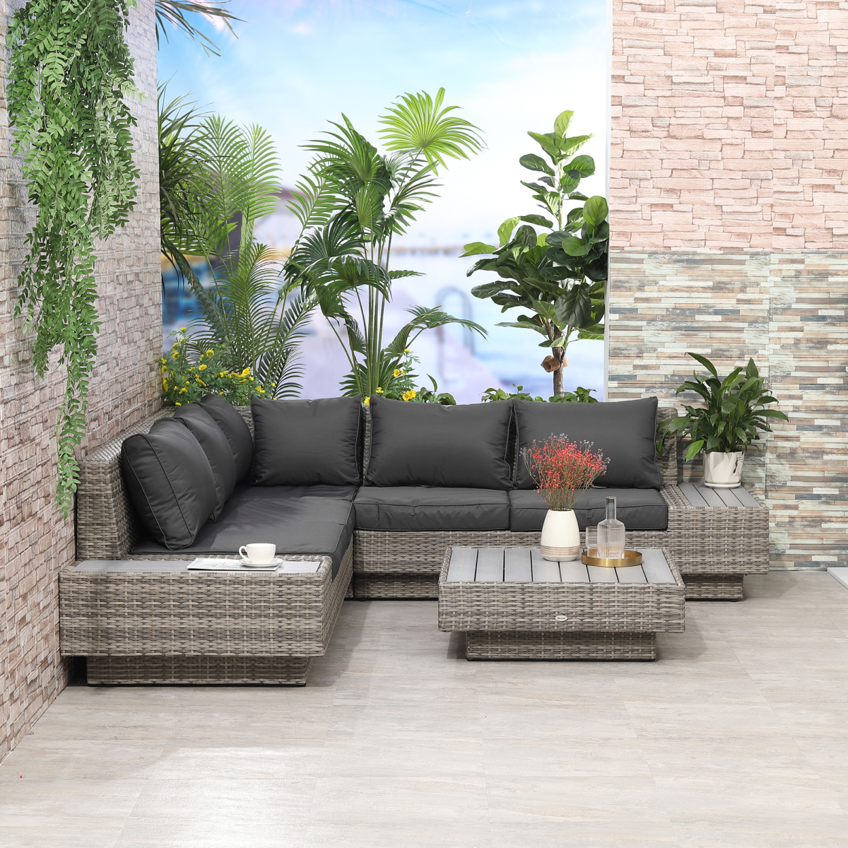 5-Seater Rattan Sectional Corner Sofa Table Set  Cushions - Light Grey