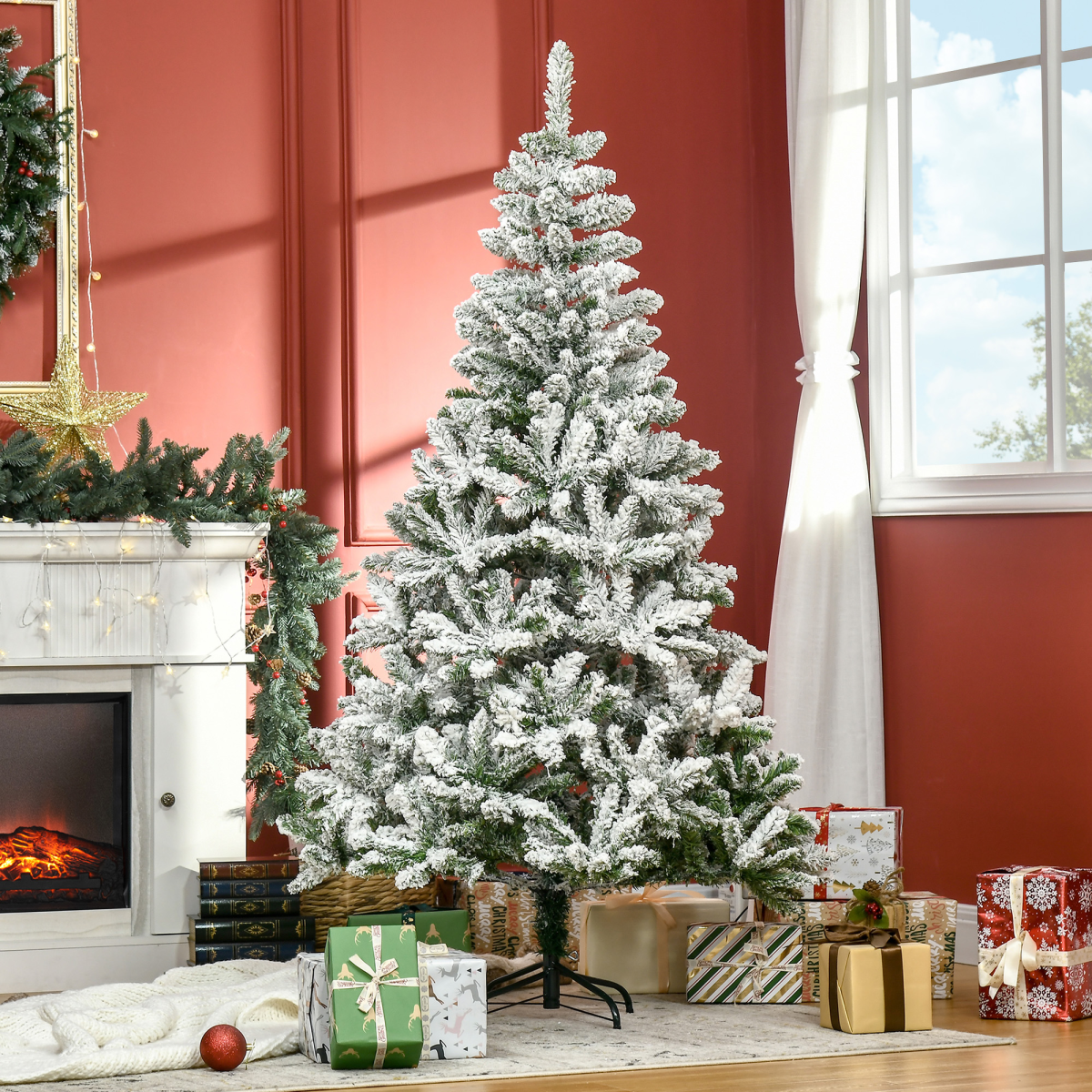 6ft Snow Flocked Artificial Christmas Tree w/ Realistic Branch Tips HOMCOM