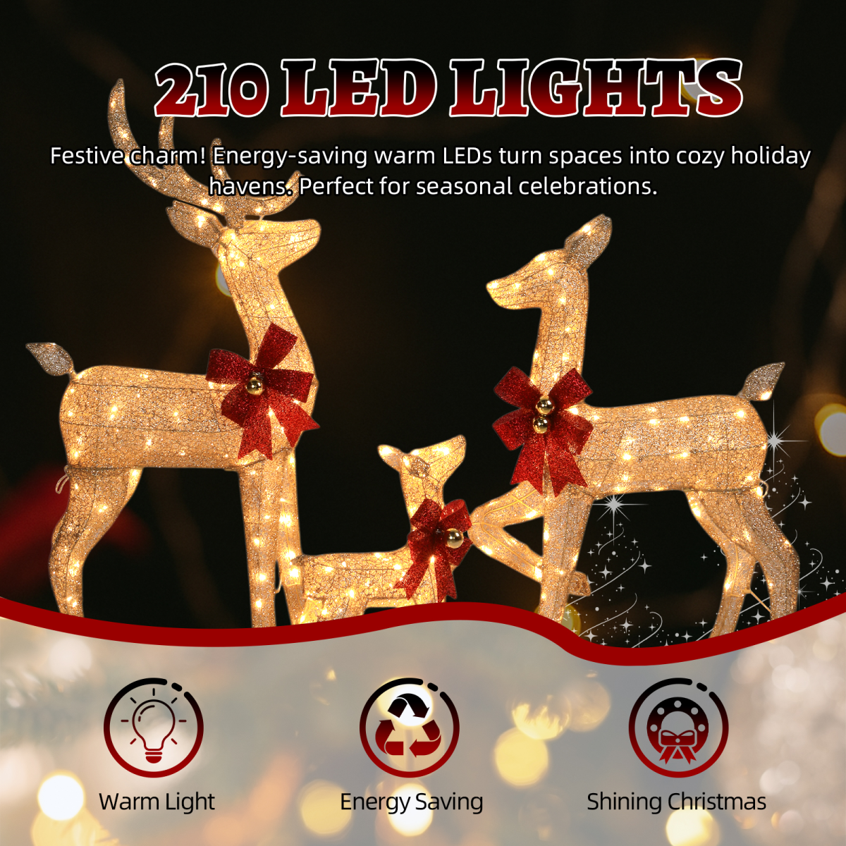 3-Piece Lighted Christmas Reindeer Family Set Outdoor Decorations, Weather Proof Sparkling Deer Family Set of 3 Christmas Ornament Home Decor Pre-lit 210 LED Warm White Lights, 4FT, Golden