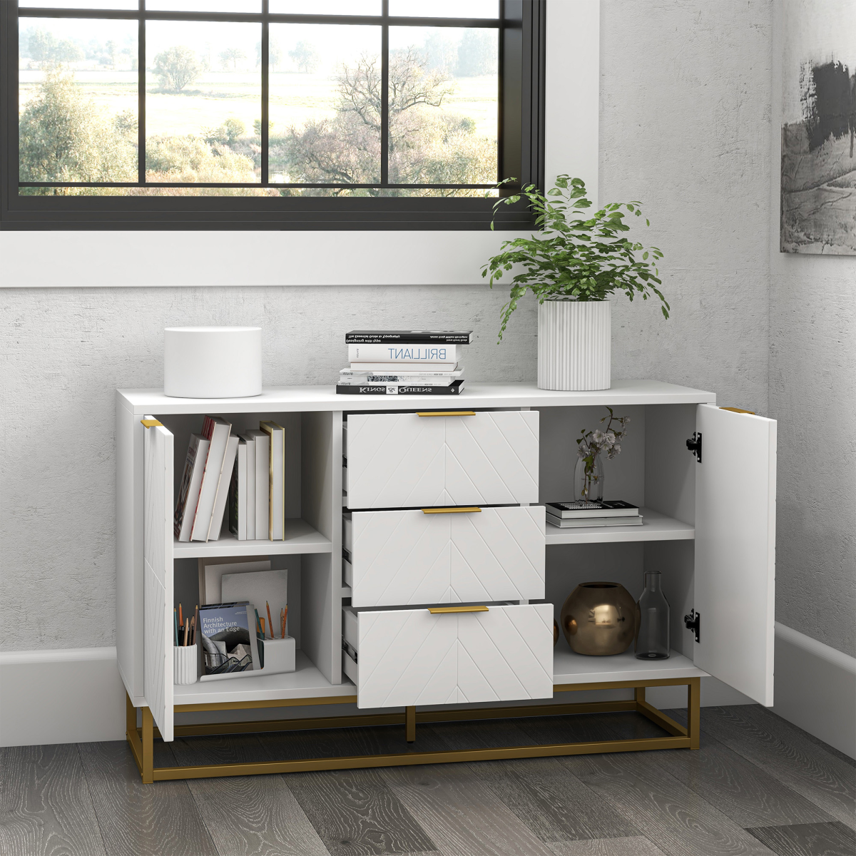 cortex-london-windsor-modern-storage-cabinet-three-drawers-gold-base-adjustable-shelves