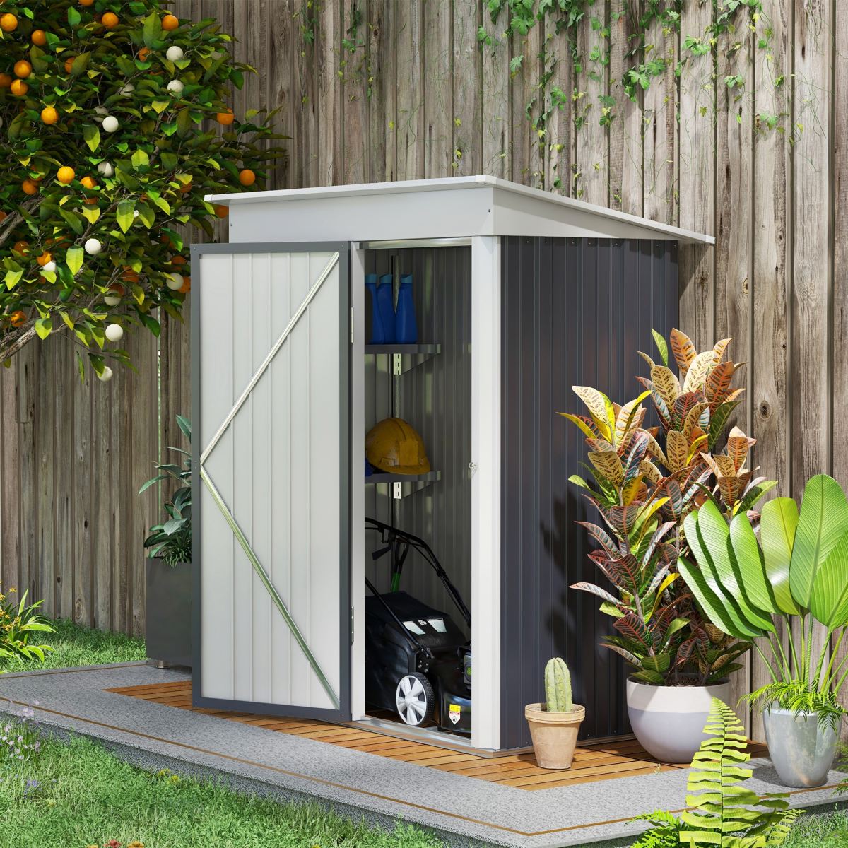 cortex-london-windsor-steel-lean-to-garden-bike-shed-adjustable-shelf-lock-dark-grey-white