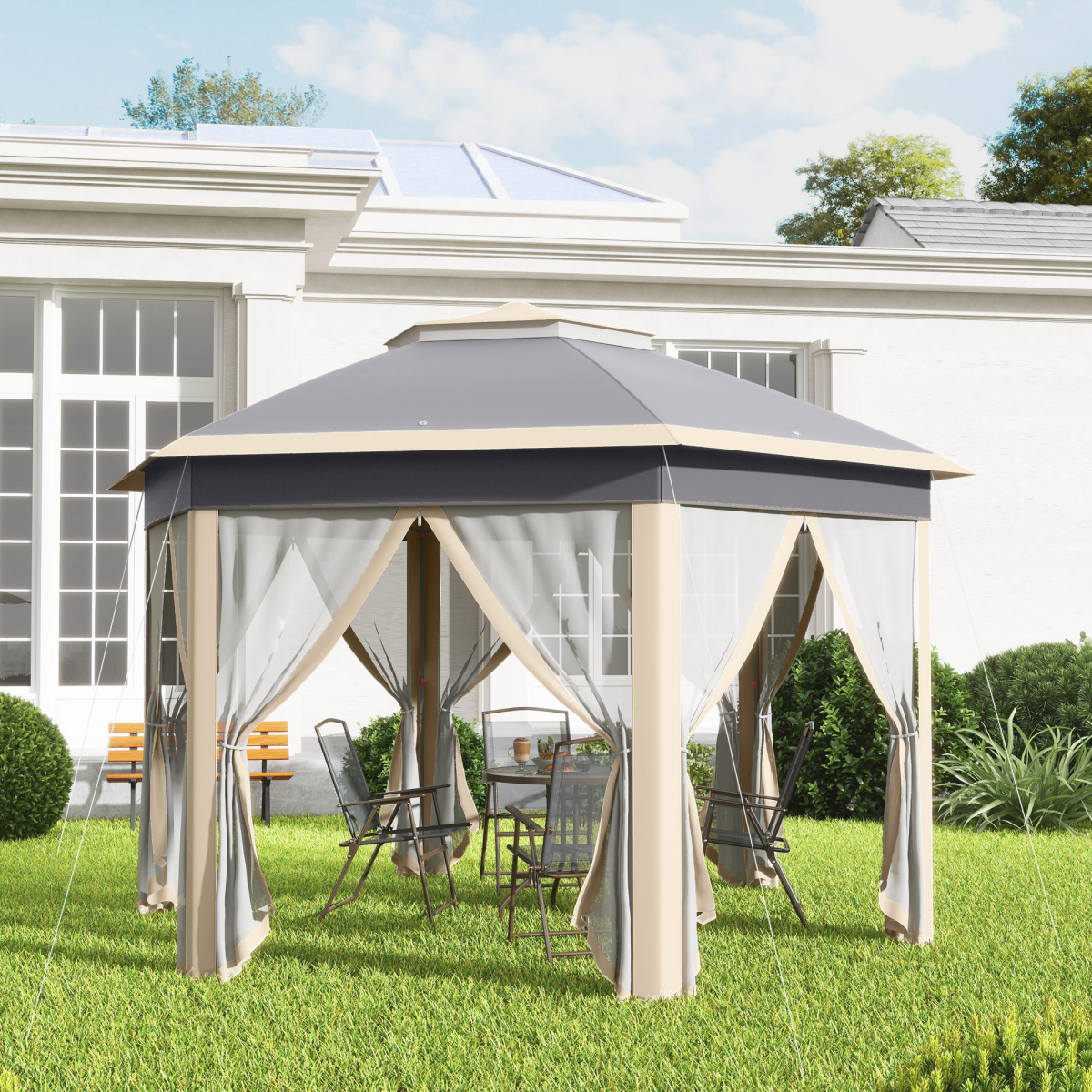 cortex-london-windsor-hexagon-garden-gazebo-mesh-curtains-khaki