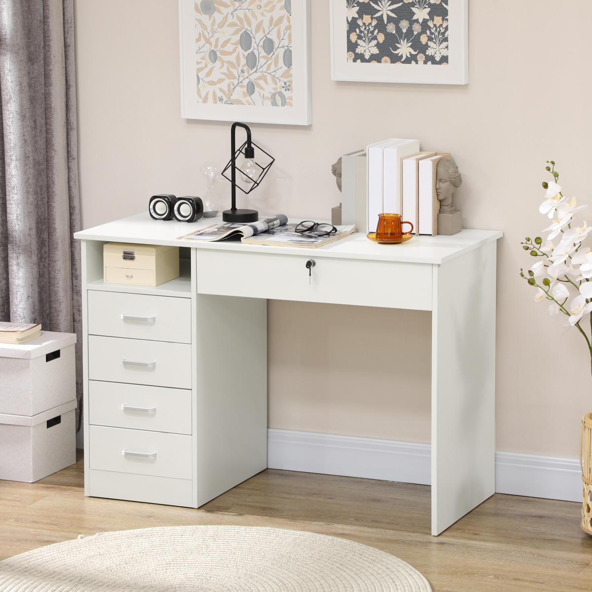 cortex-london-windsor-five-drawer-white-computer-desk-locking-drawer
