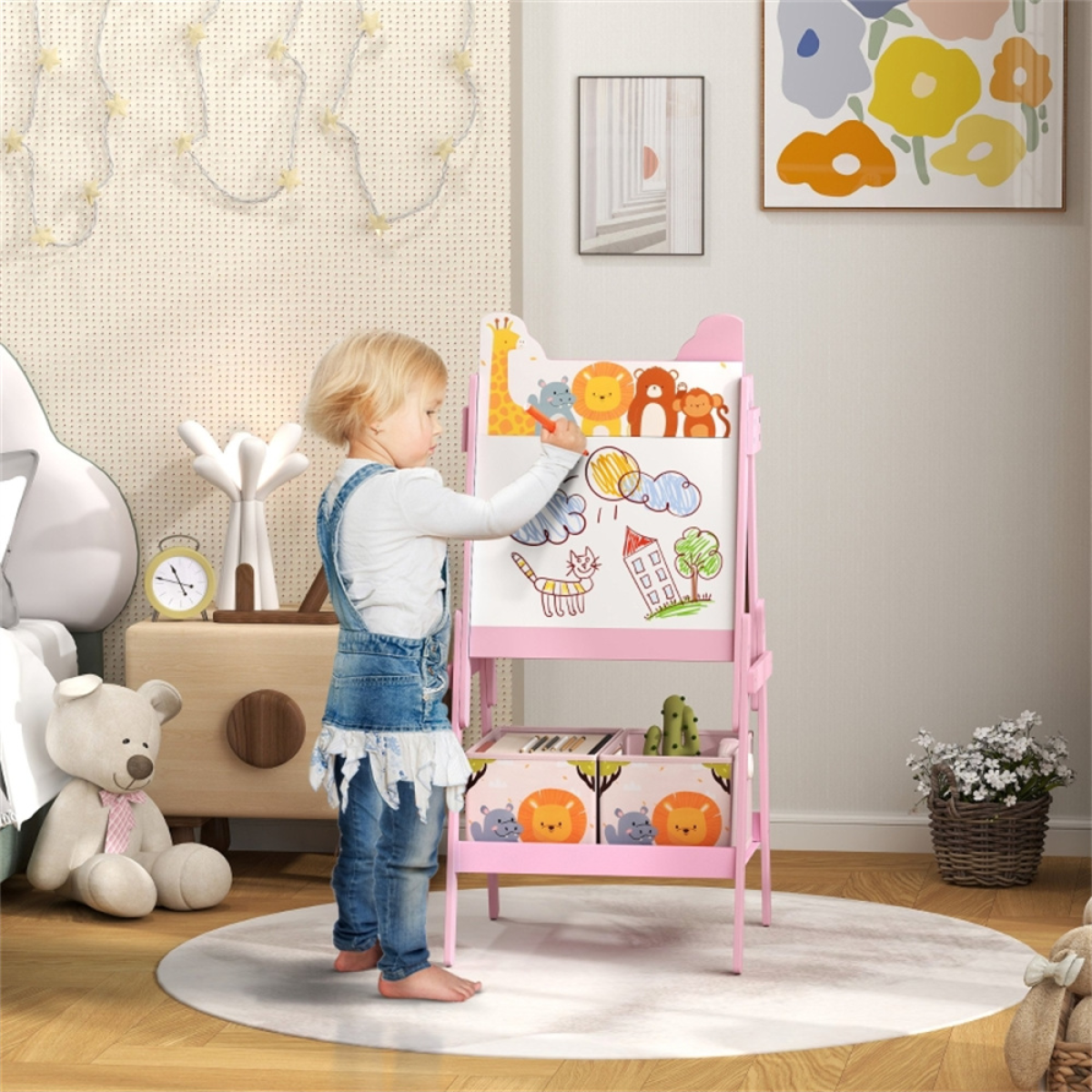 cortex-london-windsor-pink-kids-art-easel-blackboard-whiteboard-mdf-storage-boxes