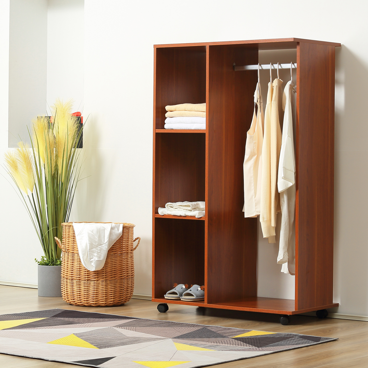 cortex-london-york-walnut-open-wardrobe-hanging-rail-cubbies-wheels