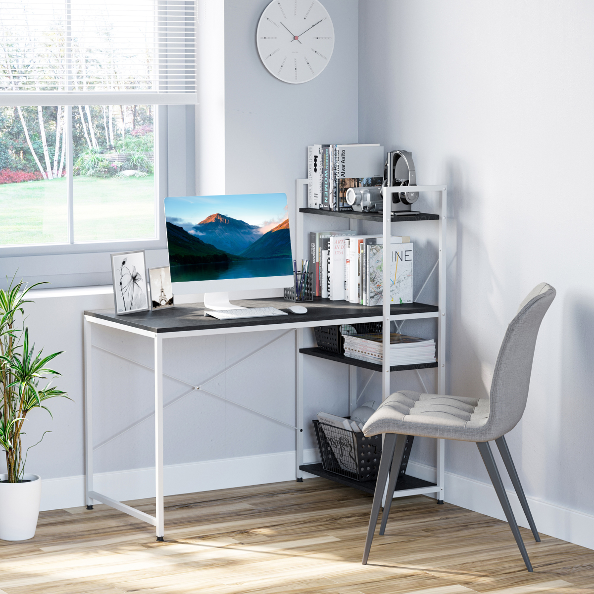 cortex-london-westminster-computer-workstation-desk-white-black-four-tier-bookshelf-chipboard-steel-frame