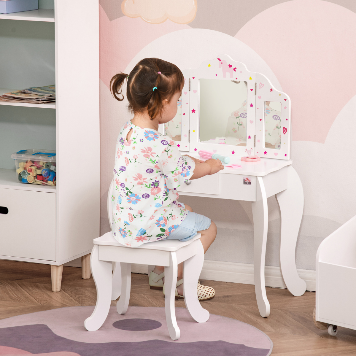 cortex-london-kensington-kids-vanity-table-stool-three-rotatable-mirrors-drawer-homcom