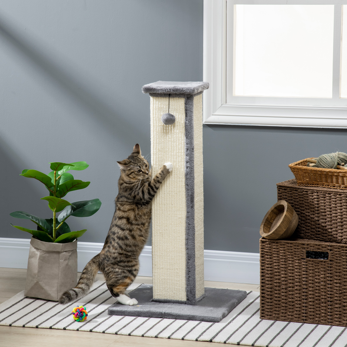 cortex-london-windsor-cat-scratching-post-81cm-grey-natural-sisal-rope-hanging-ball