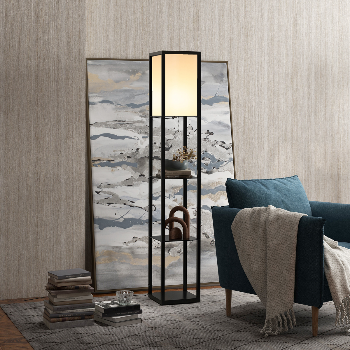 Shelf Floor Lamp, 4-tier Open Shelves, 26L x 26W x 160Hcm-Black/White