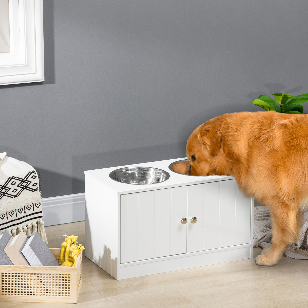 cortex-london-windsor-raised-dog-feeding-station-white-storage-two-2000ml-stainless-steel-bowls