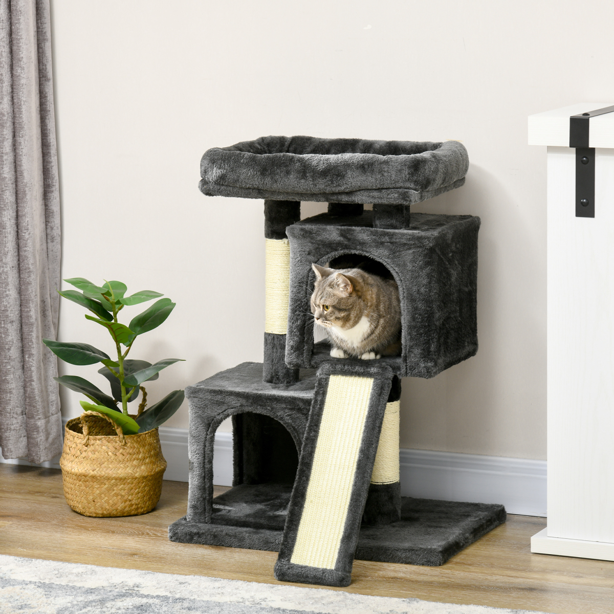 cortex-london-windsor-cat-activity-tree-black-two-houses-cushioned-perch-sisal-scratching-posts