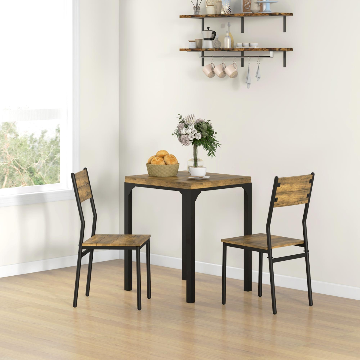 HOMCOM 3 Pcs Compact Dining Table 2 Chairs Set Rustic Brown