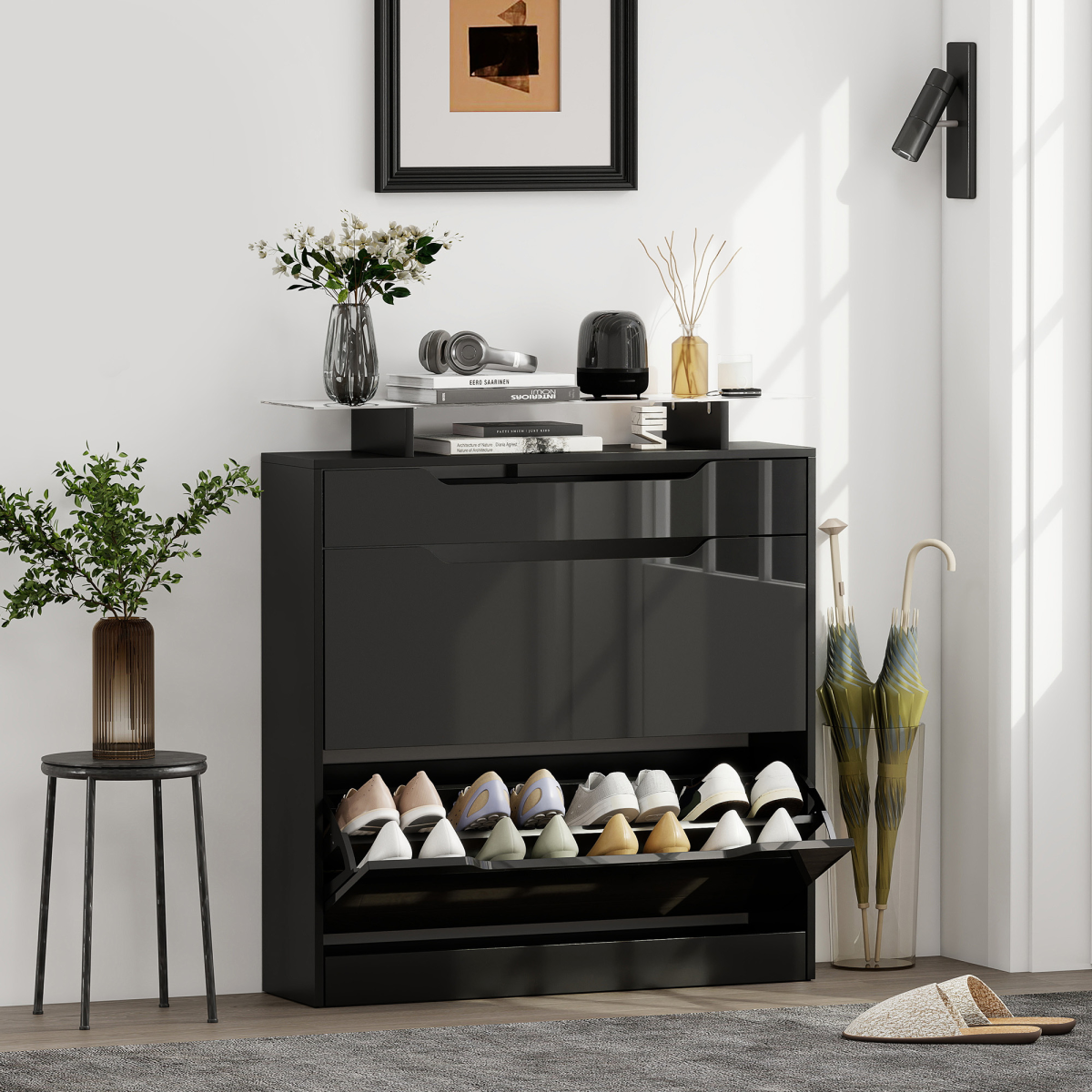 HOMCOM Shoe Cabinet with 3 Drawers, High Gloss Front Panels, Glass Top Black
