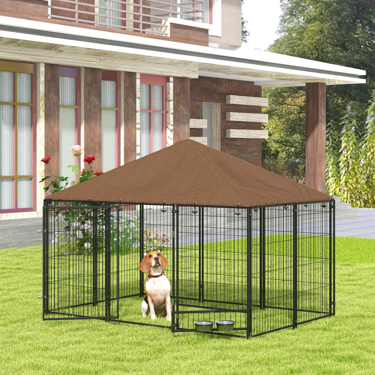 cortex-london-windsor-outdoor-dog-kennel-canopy-rotating-bowl-holder-black-brown