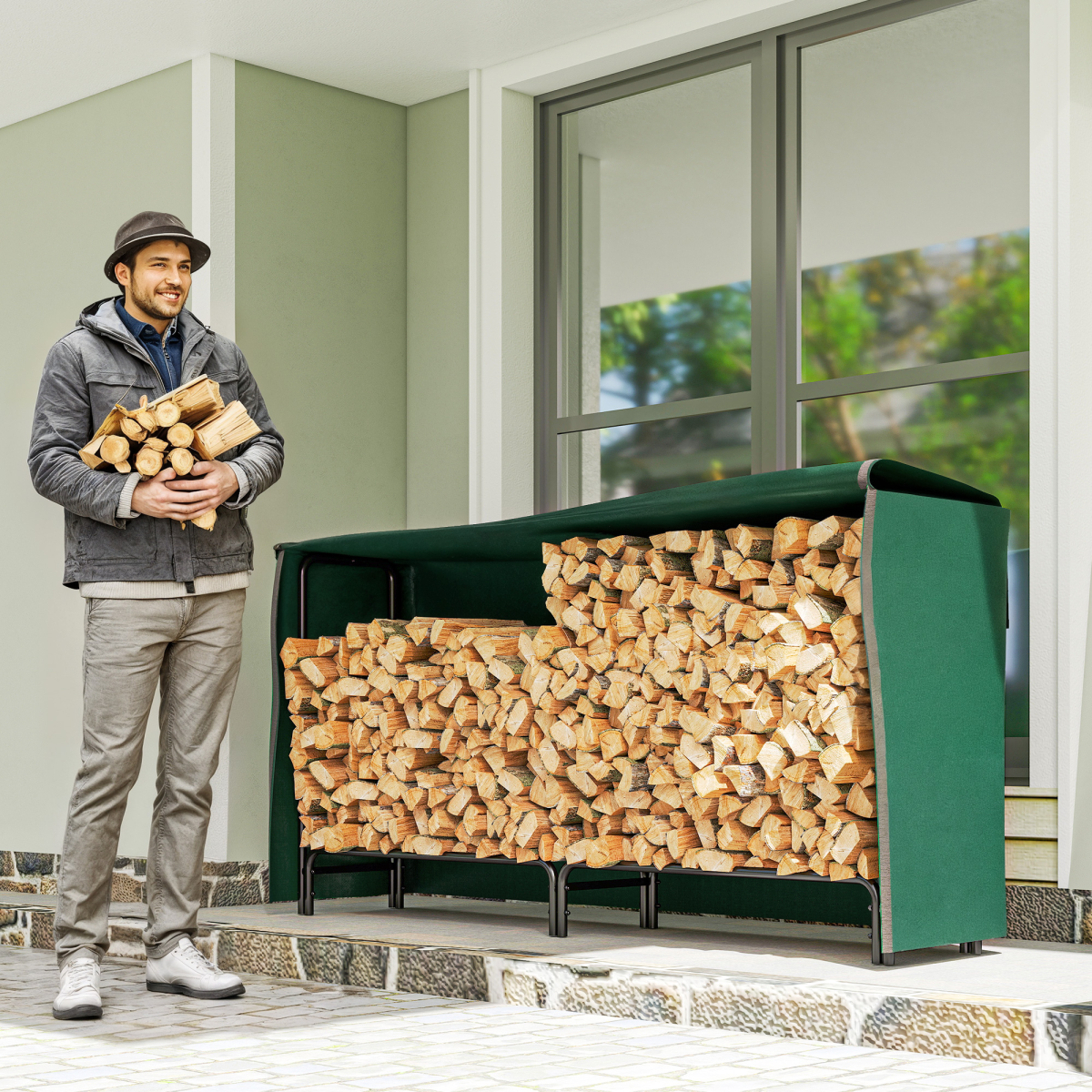 Robin Metal Firewood Rack, Log Holder, 200 x 36 x 99 cm, Dark Green
