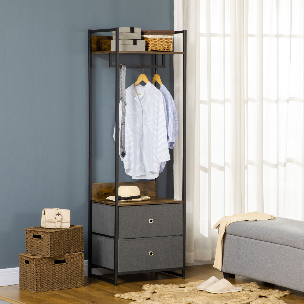 cortex-london-bath-garment-rack-two-fabric-drawers-rustic-brown