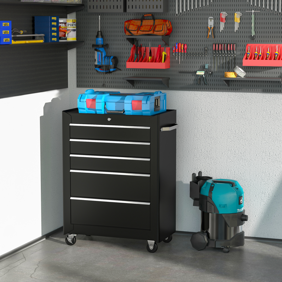 cortex-london-york-five-drawer-lockable-steel-tool-storage-cabinet-black