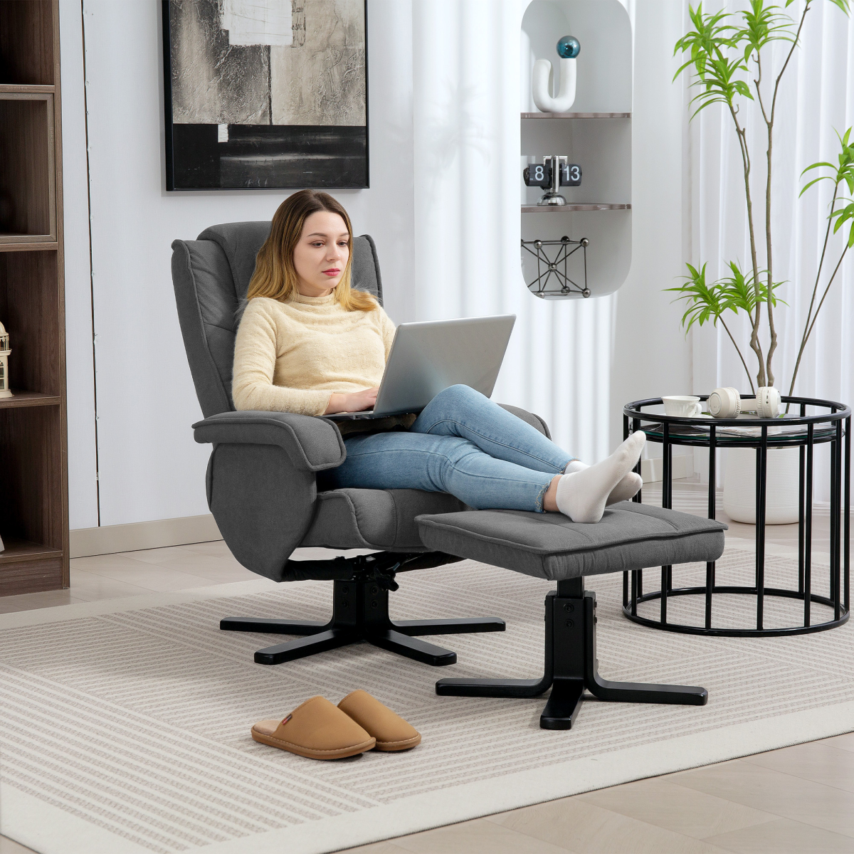 HOMCOM Rocker Swivel Recliner Chair with Footstool, Velvet Upholstered