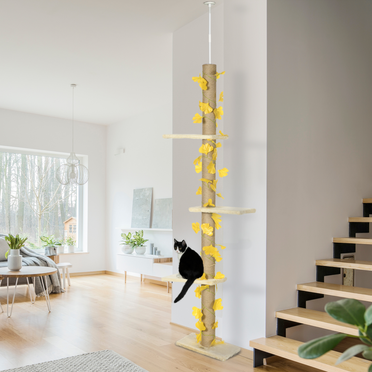 cortex-london-yorkminster-adjustable-floor-to-ceiling-cat-tree-beige-yellow-anti-slip-kit
