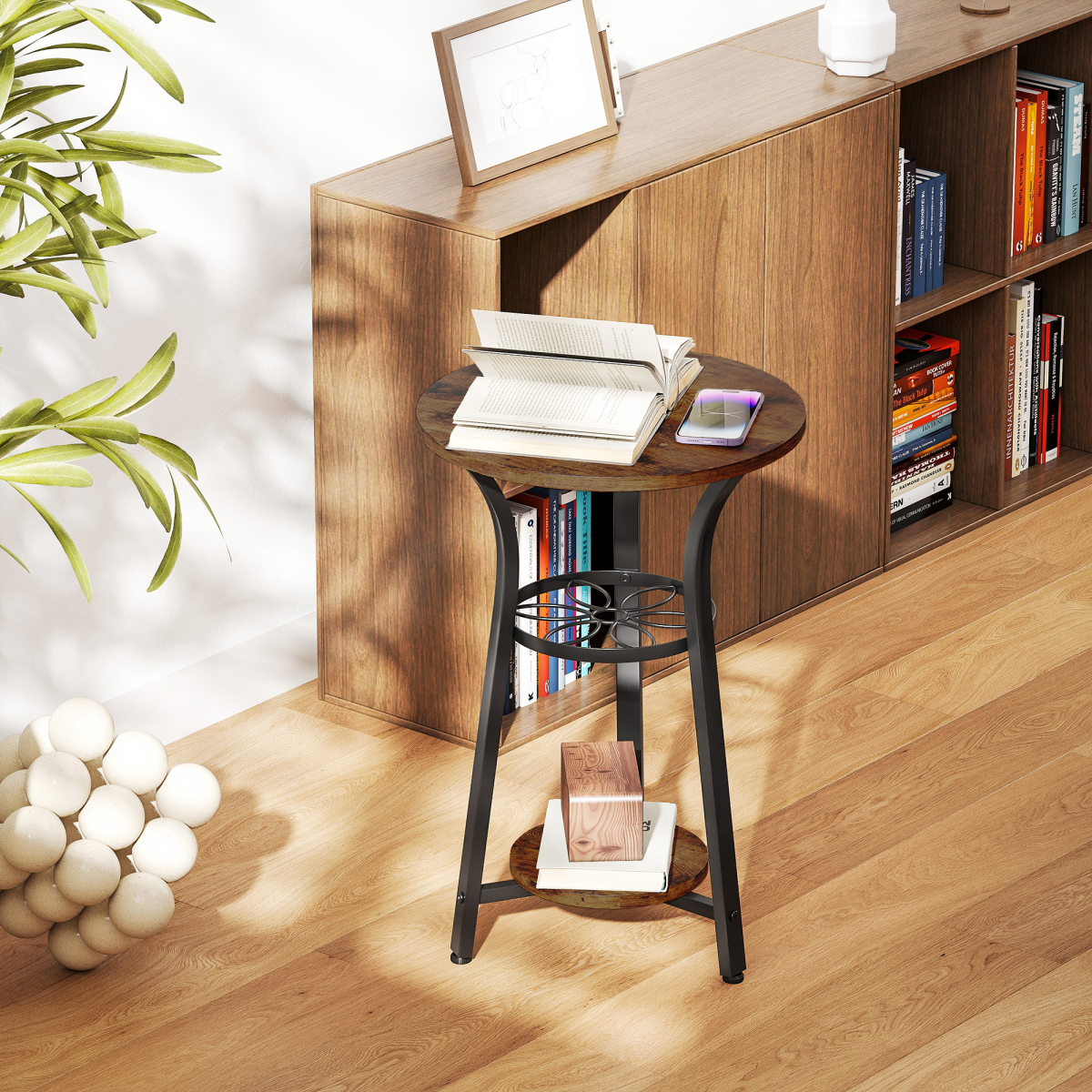 HOMCOM 3-Tier Small End Table Industrial 38 cm Round Side Table Rustic Brown