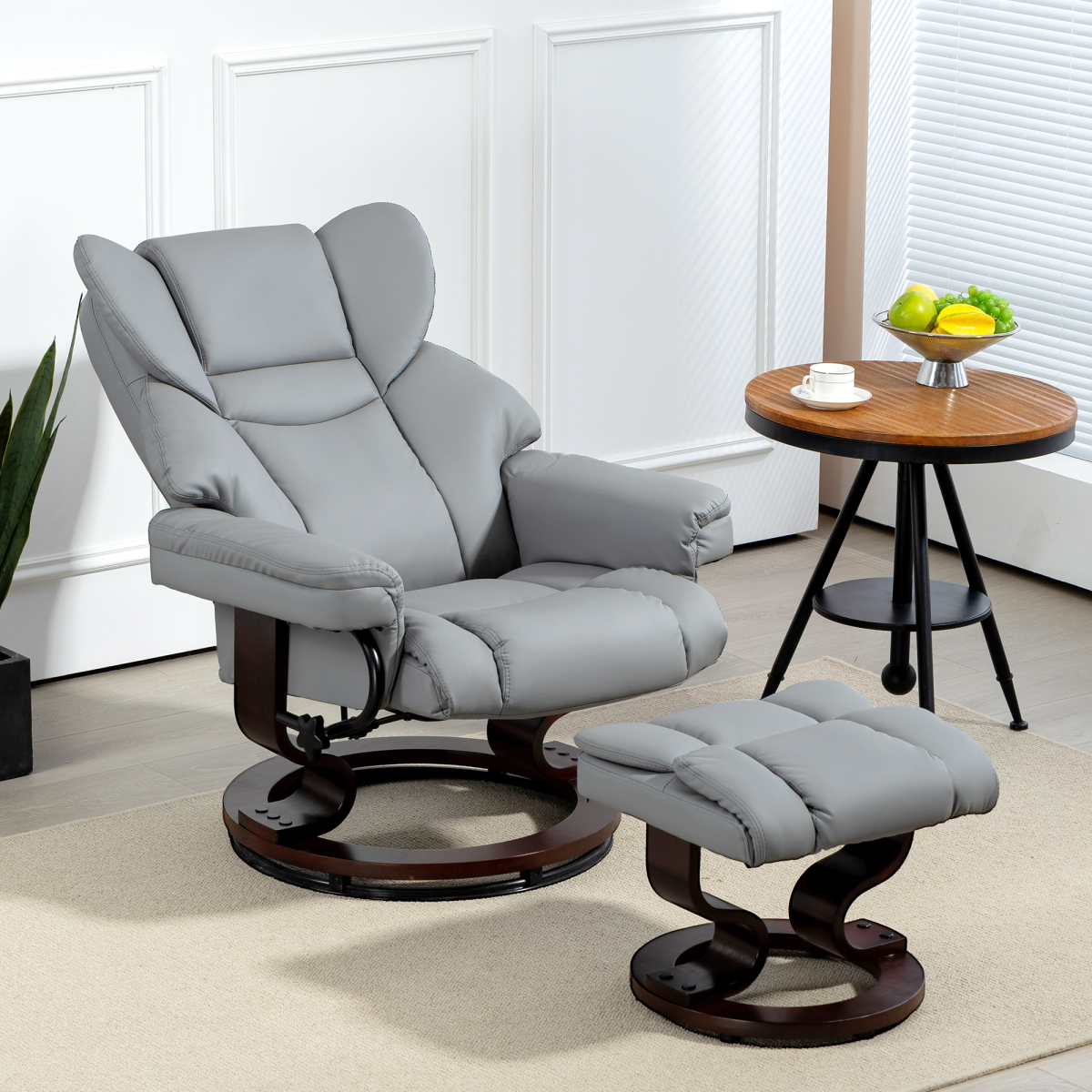 HOMCOM PU Leather Manual Reclining Armchair Footstool Padded Seat Light Grey