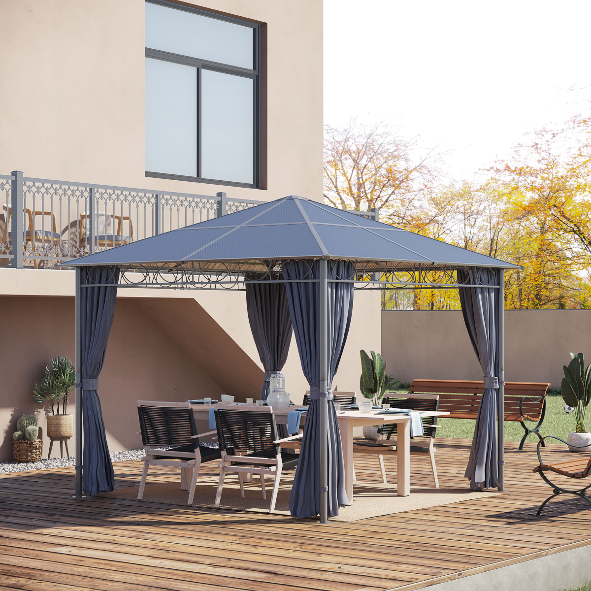 cortex-london-windsor-3-x-3m-hardtop-garden-gazebo-brown-polycarbonate-polyester-curtains
