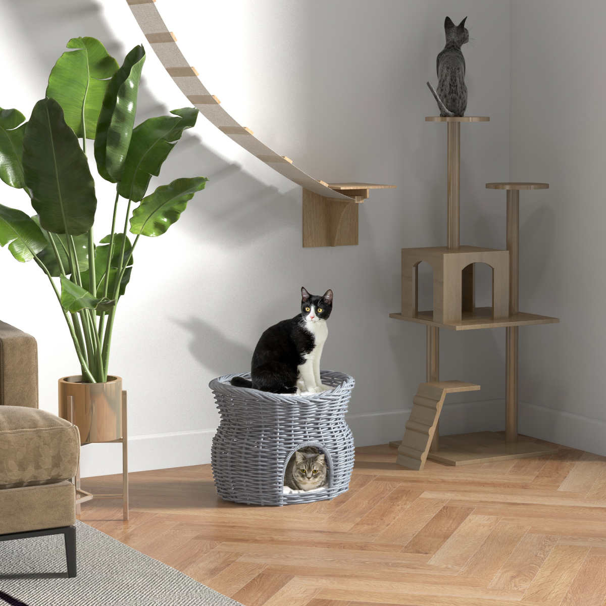 PawHut 2-Tier Elevated Pet Cushion Bed Basket Willow Cat Tree House Condo Kennel