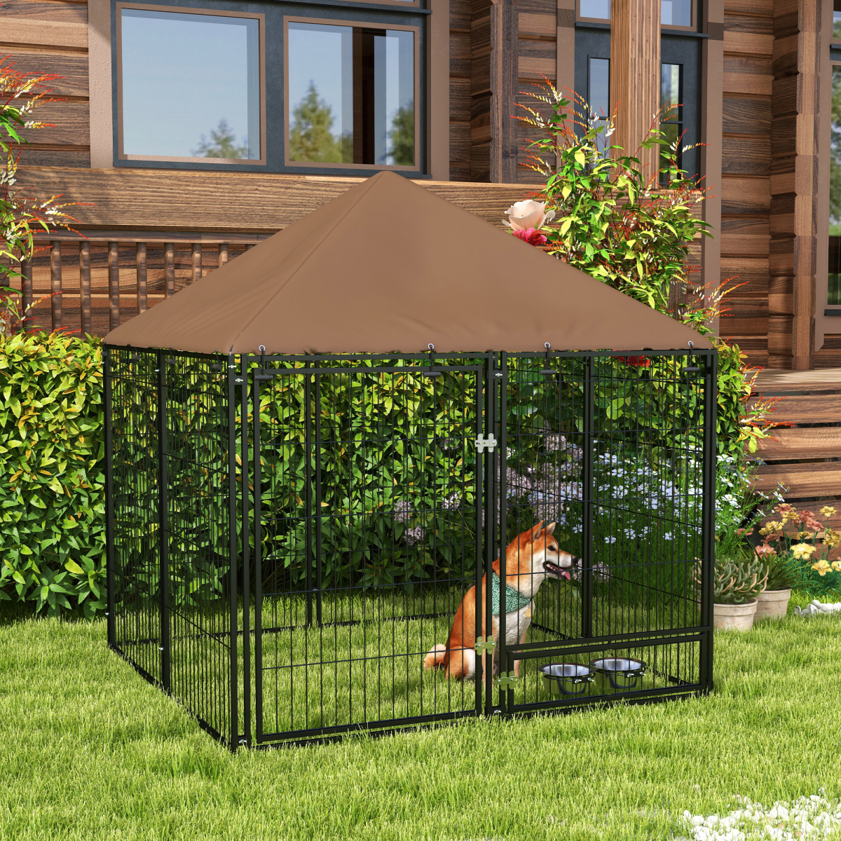 cortex-london-windsor-outdoor-dog-kennel-canopy-secure-lock-bowl-holder-black-brown