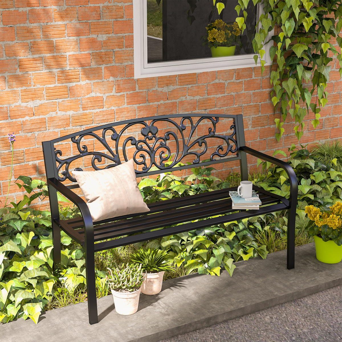 cortex-london-windsor-two-seater-steel-garden-bench-black-floral-backrest