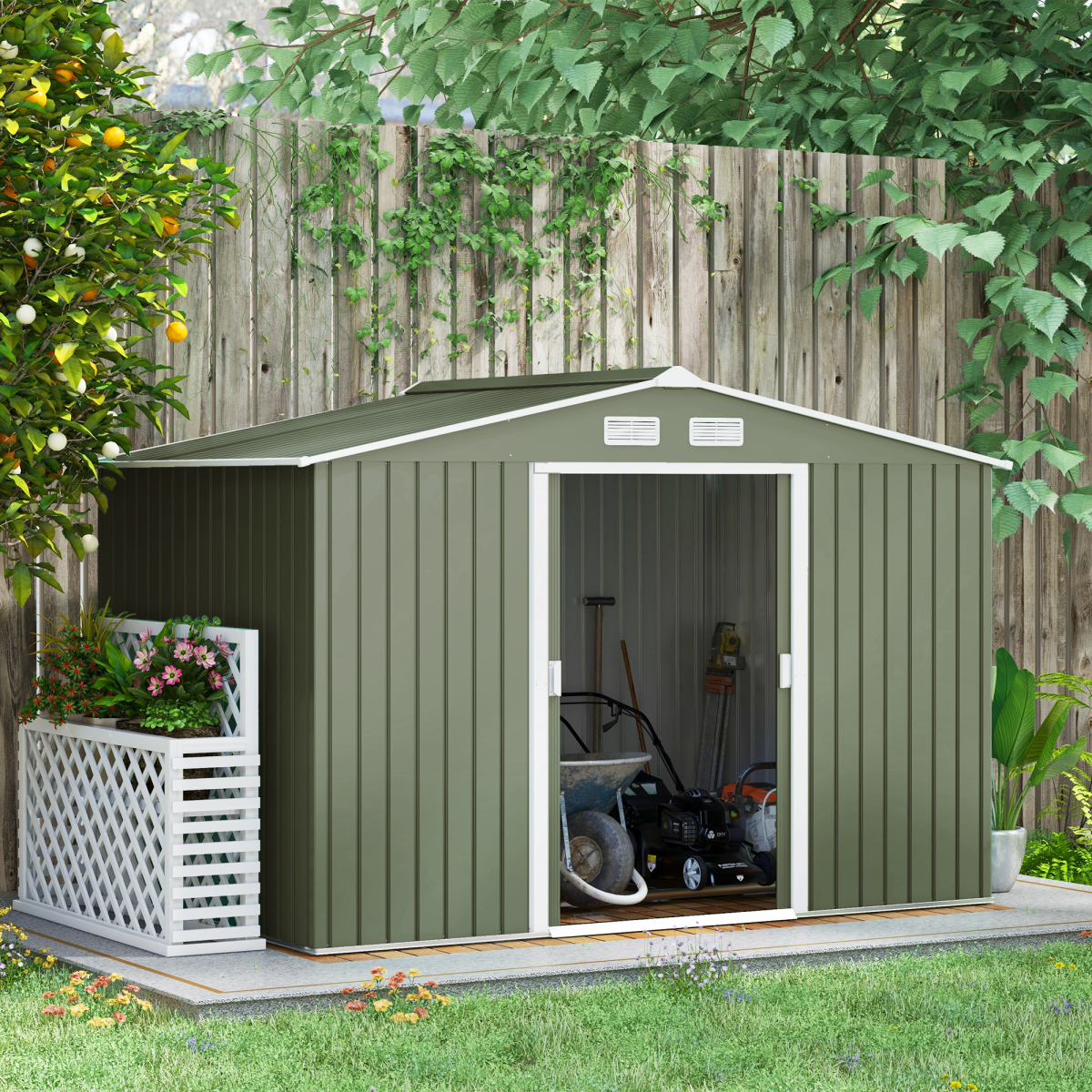 cortex-london-windsor-green-metal-garden-storage-shed-9-x-6ft-sliding-double-doors