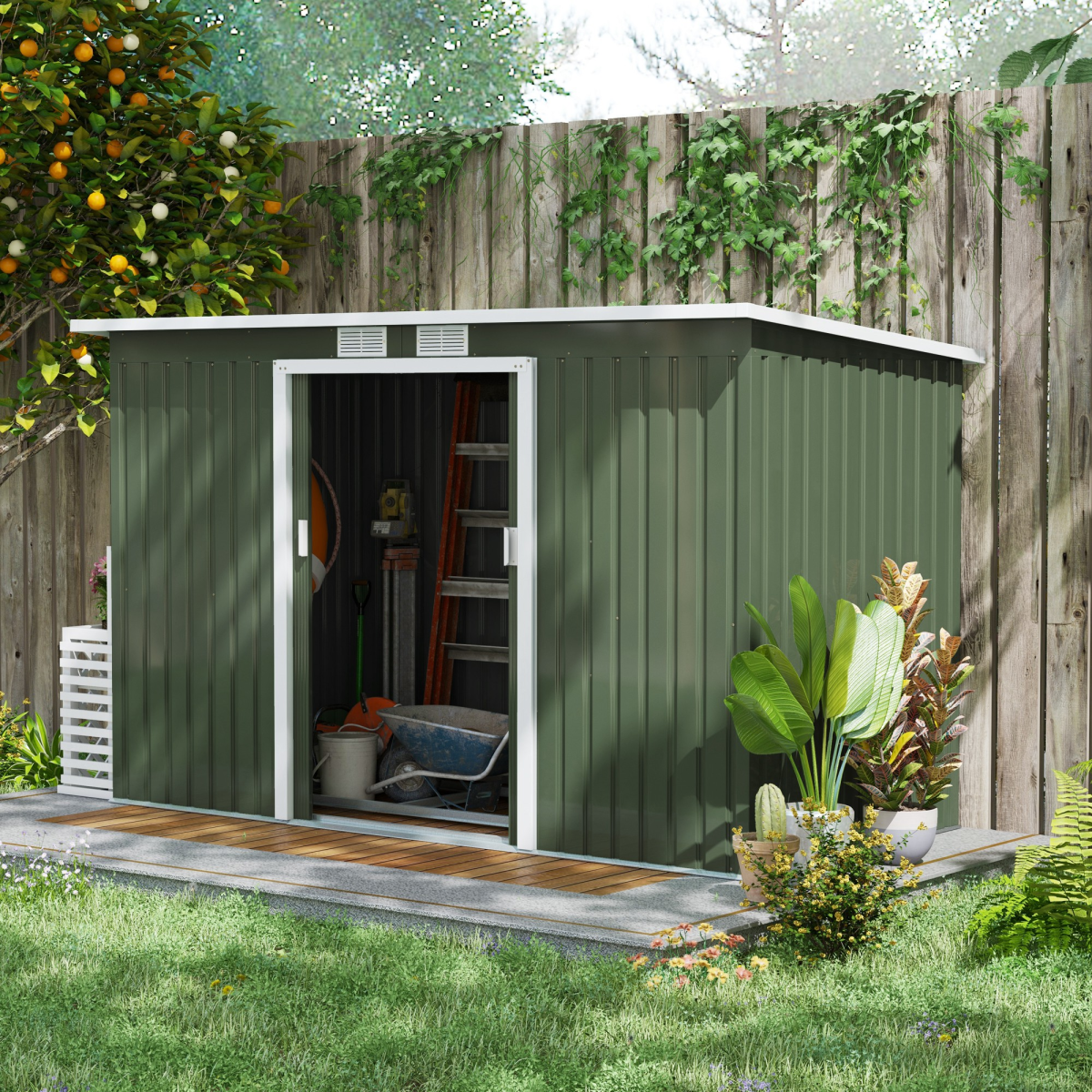 9ft x 4.25ft Corrugated Metal Shed  with Foundation Vent Doors Green