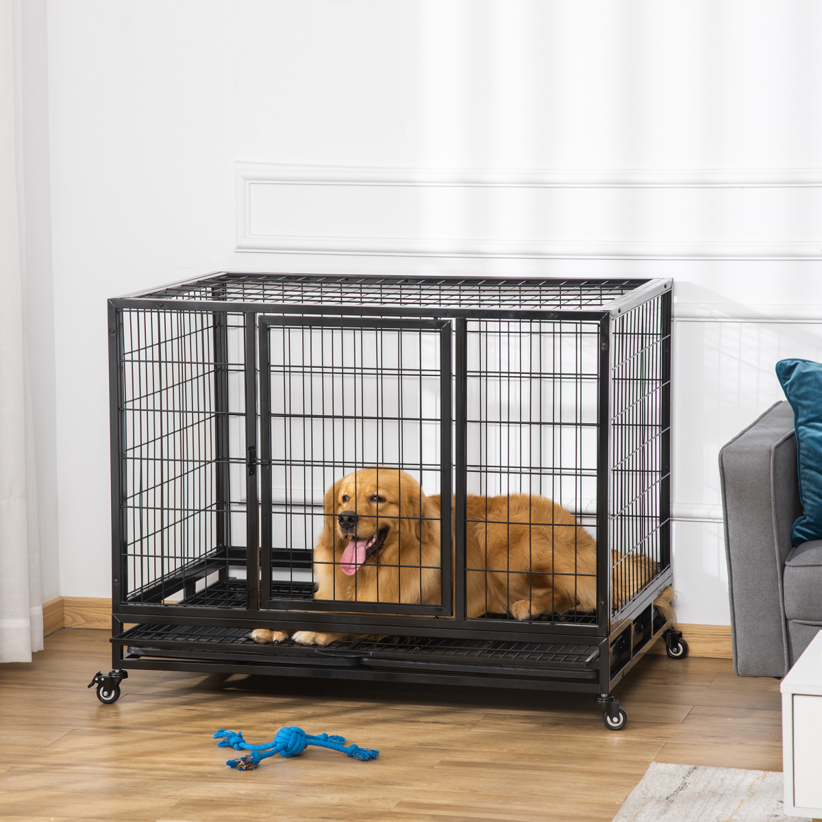 cortex-london-york-large-black-metal-dog-kennel-cage-with-wheels-and-tray