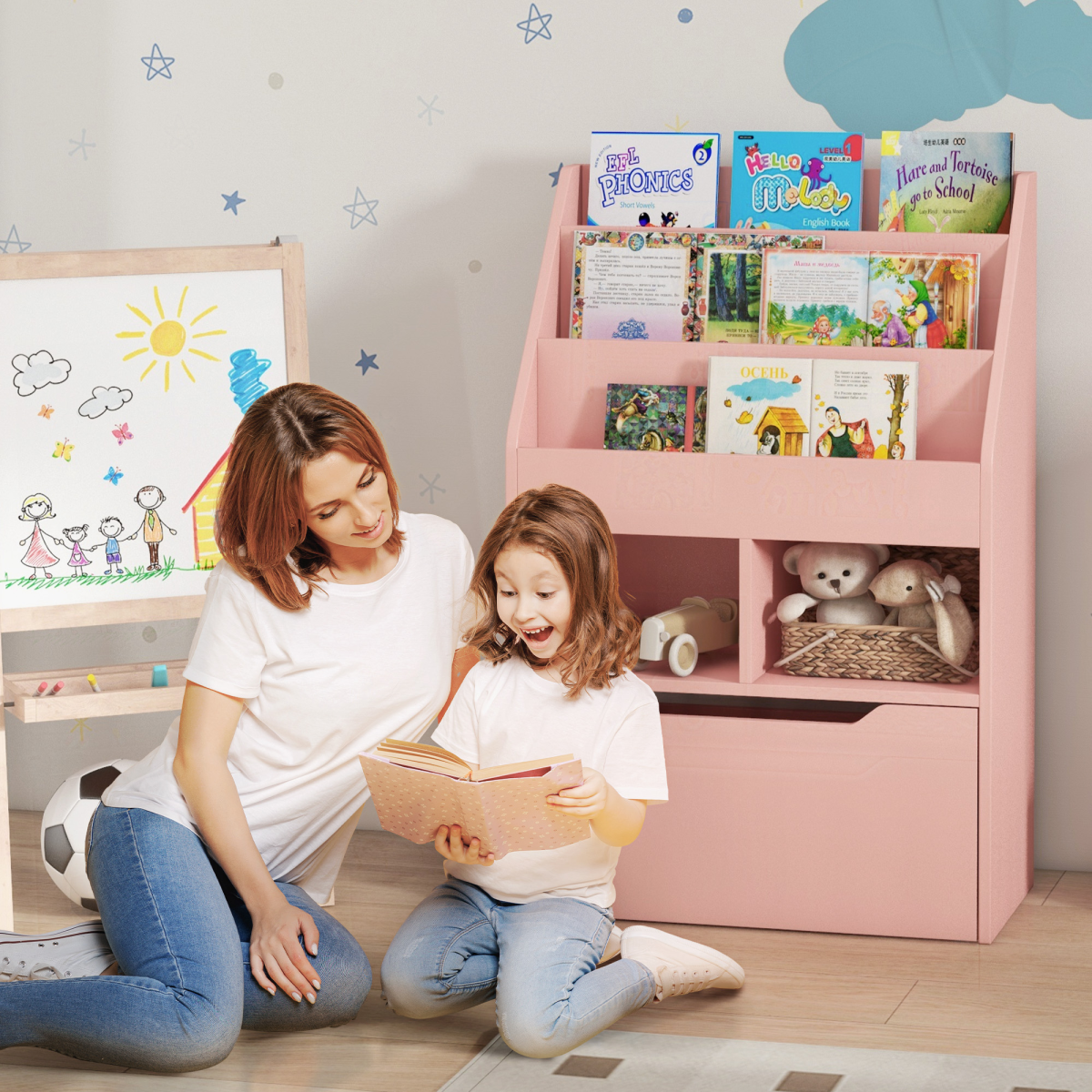 cortex-london-windsor-pink-kids-bookcase-toy-storage-drawer-wheels