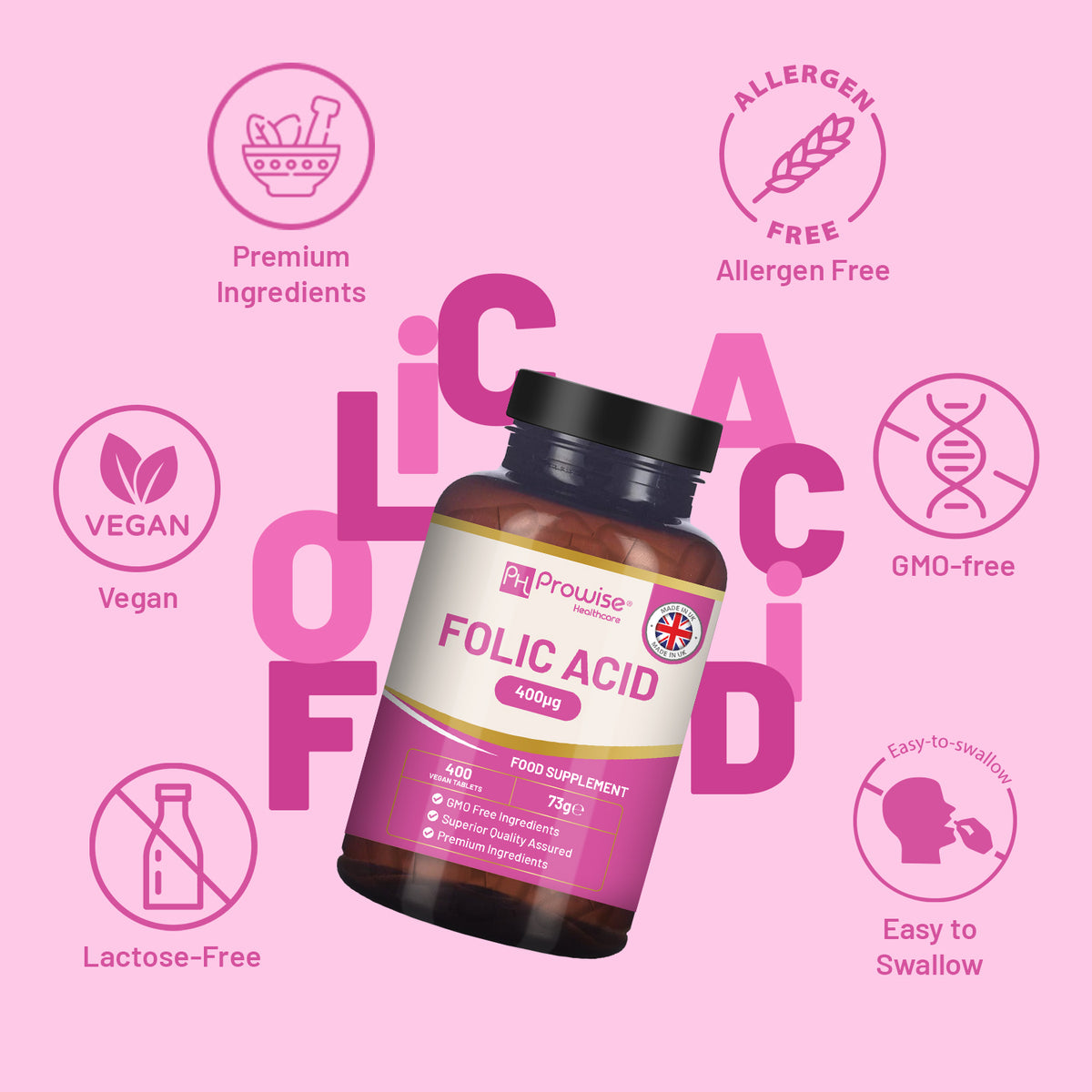 Folic Acid Tablets 400 mcg - 400 Vegan Vitamin B9 Tablets