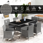 Outsunny Rattan Dining Set for 6 with Cushions, Glass Top Table