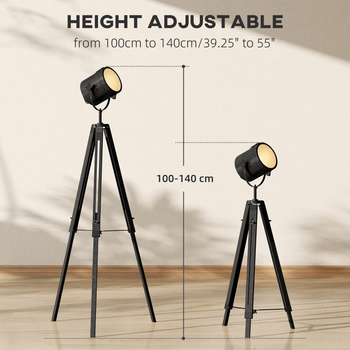 HOMCOM Industrial Tripod Floor Lamp Wood Height Adjustable Spotlight, Black