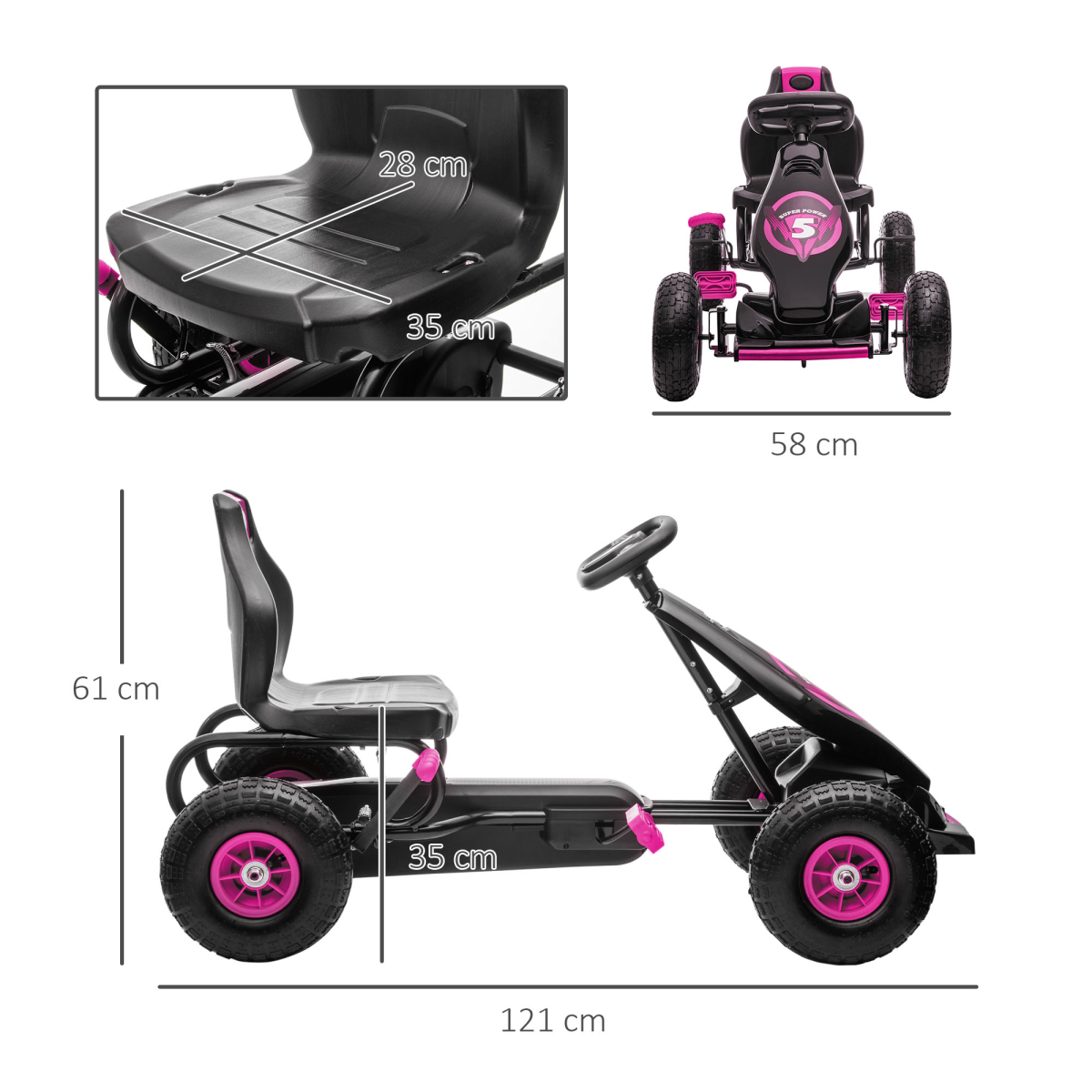 cortex-london-windsor-pink-childrens-pedal-go-kart-adjustable-seat-rubber-wheels-brake