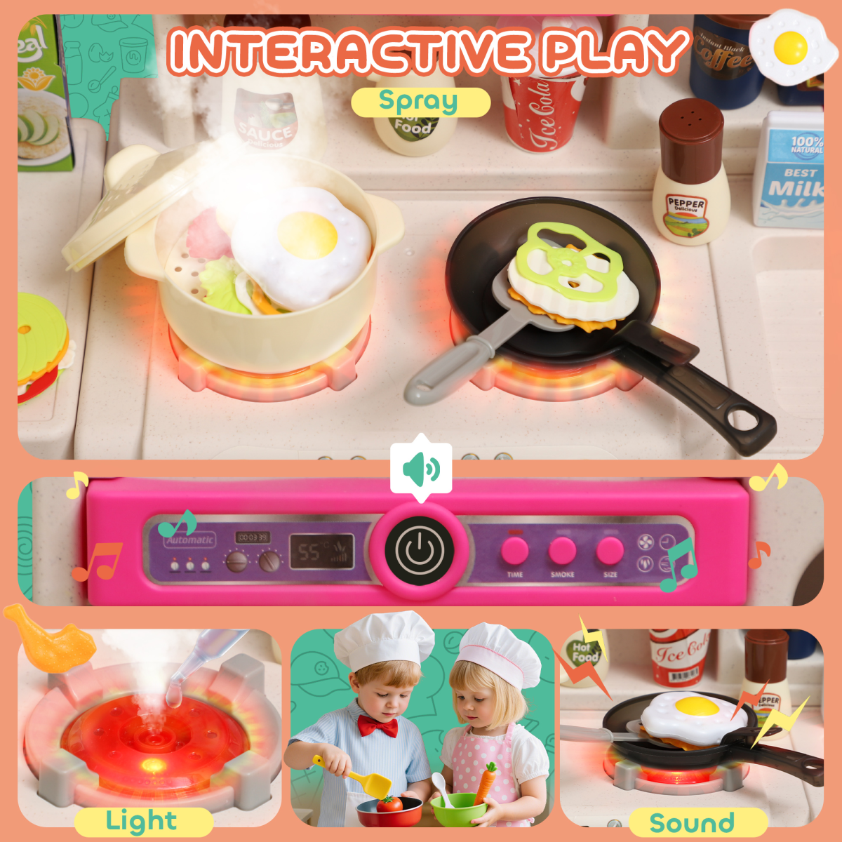 AIYAPLAY Kids Pretend Role Play Set with Realistic Lights & Sounds, Pink