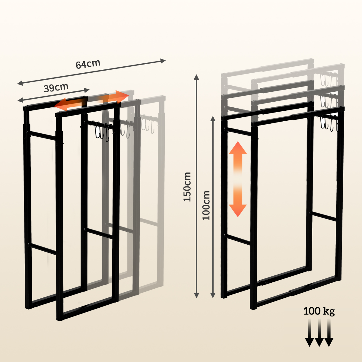 Robin 100-150cm Retractable Metal Firewood Log Holder Rack with Hooks