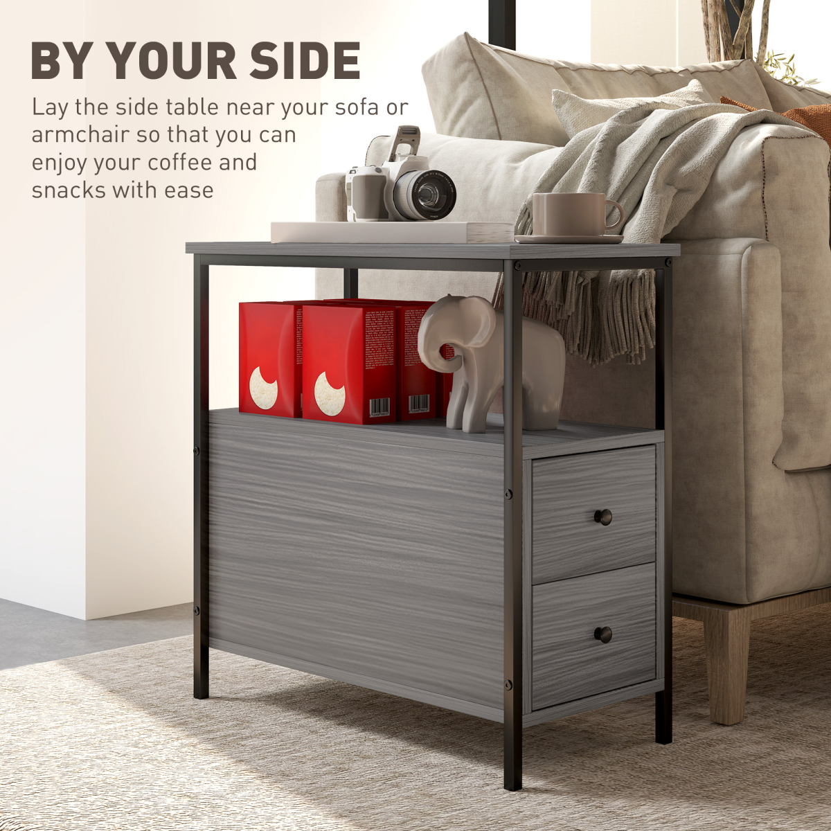 HOMCOM Narrow End Table, Sofa Side Table with 2 Drawers Storage Shelf, Grey