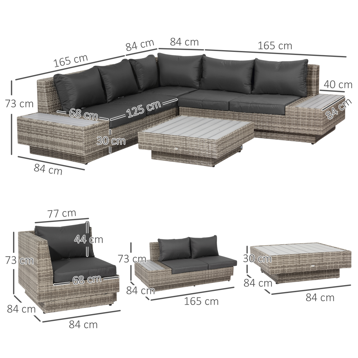 5-Seater Rattan Sectional Corner Sofa Table Set  Cushions - Light Grey